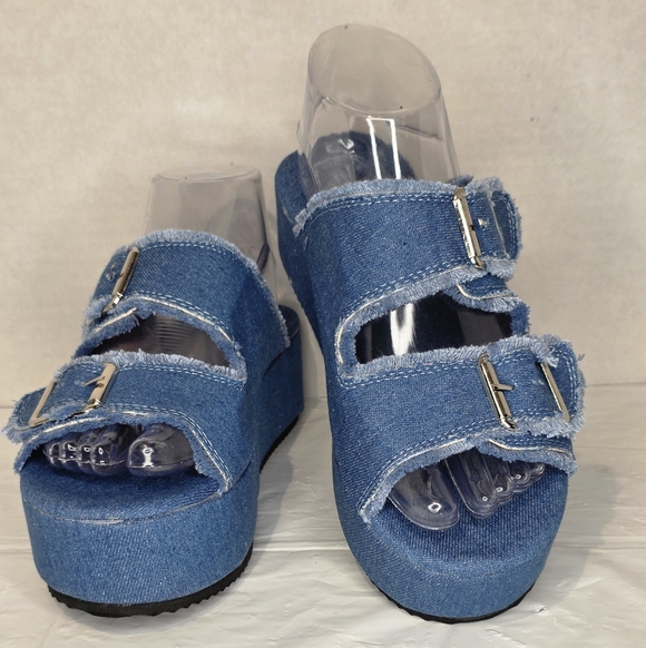 Summer Buckle Strap Denim Slip on Wedge Sandals, Women's Size 38/7.5US - Picture 3 of 9